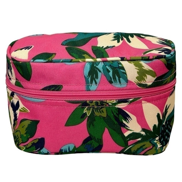 Vera Bradley Cosmetic Bag Lighten Up Tropical Paradise Pink/Green Lined EUC - Picture 1 of 7